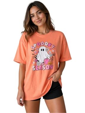 Bella Canvas Spooky Season Ghost Halloween Graphic Tee Orange Retro Fall Shirt S